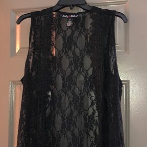 Woman Sheer Lace Sleeveless Duster (Coverup)